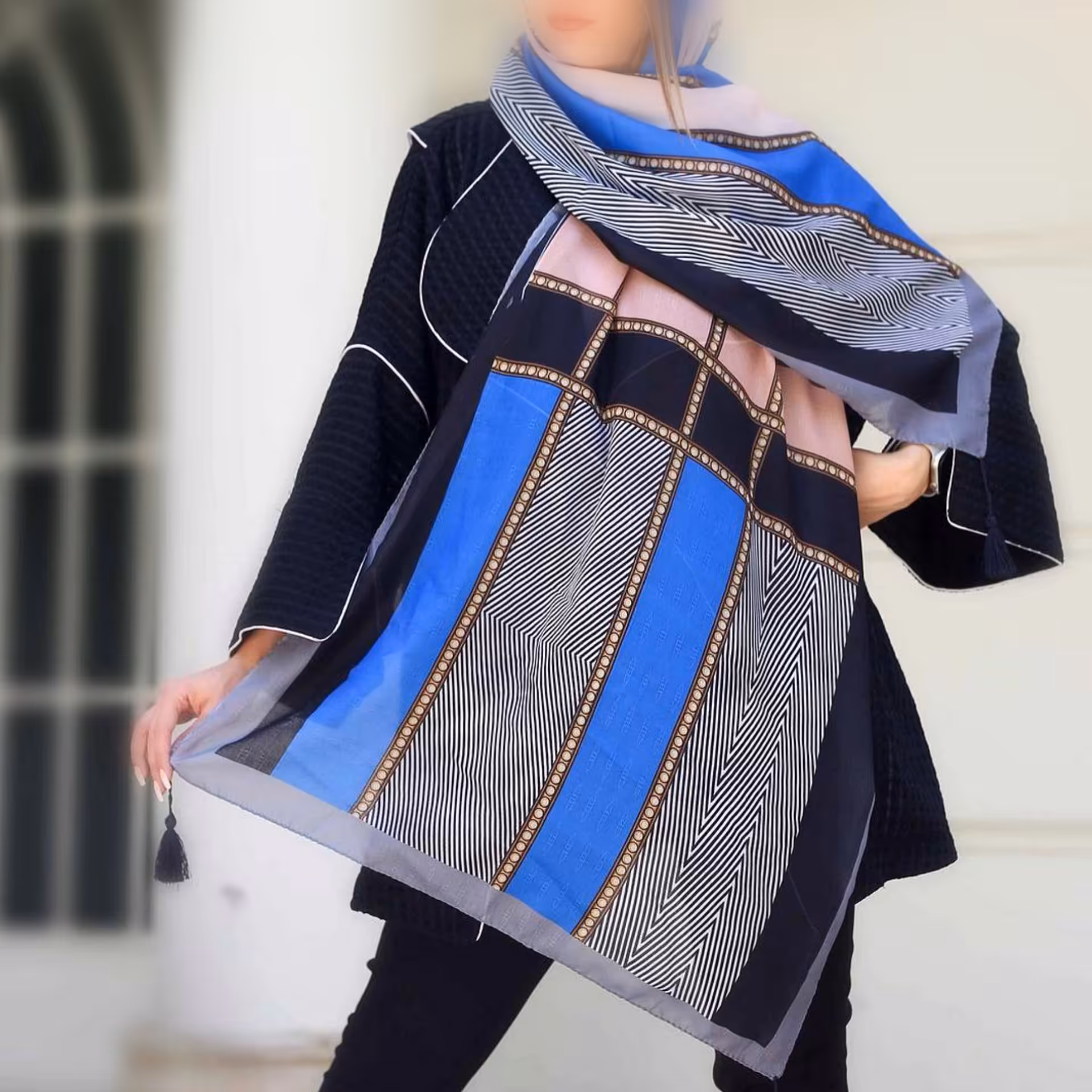 شال نخی اسلپ آبی کاربنی منگوله دار