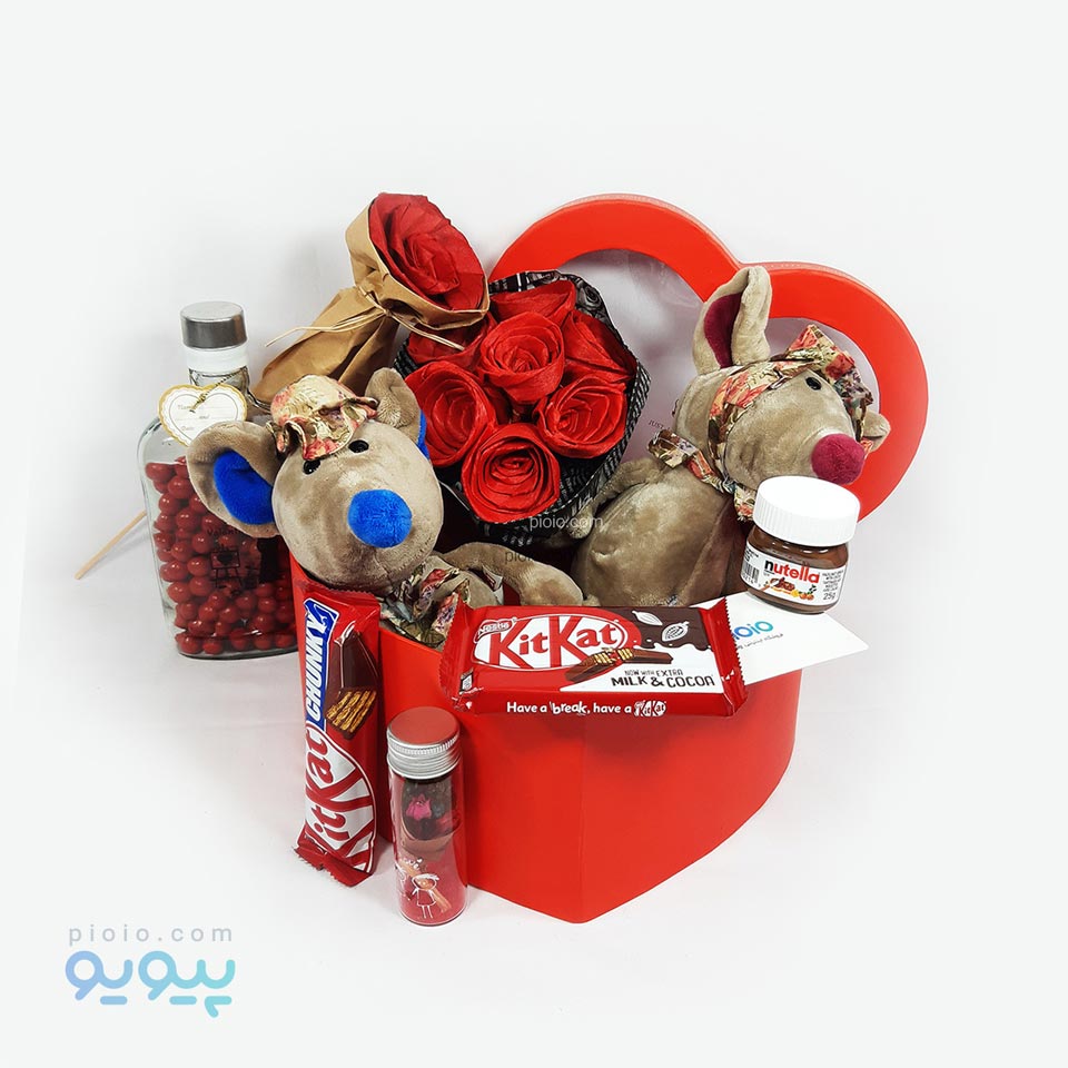 باکس کادوی آماده ولنتاین با عروسک موش خانم و آقا جعبه قلبی