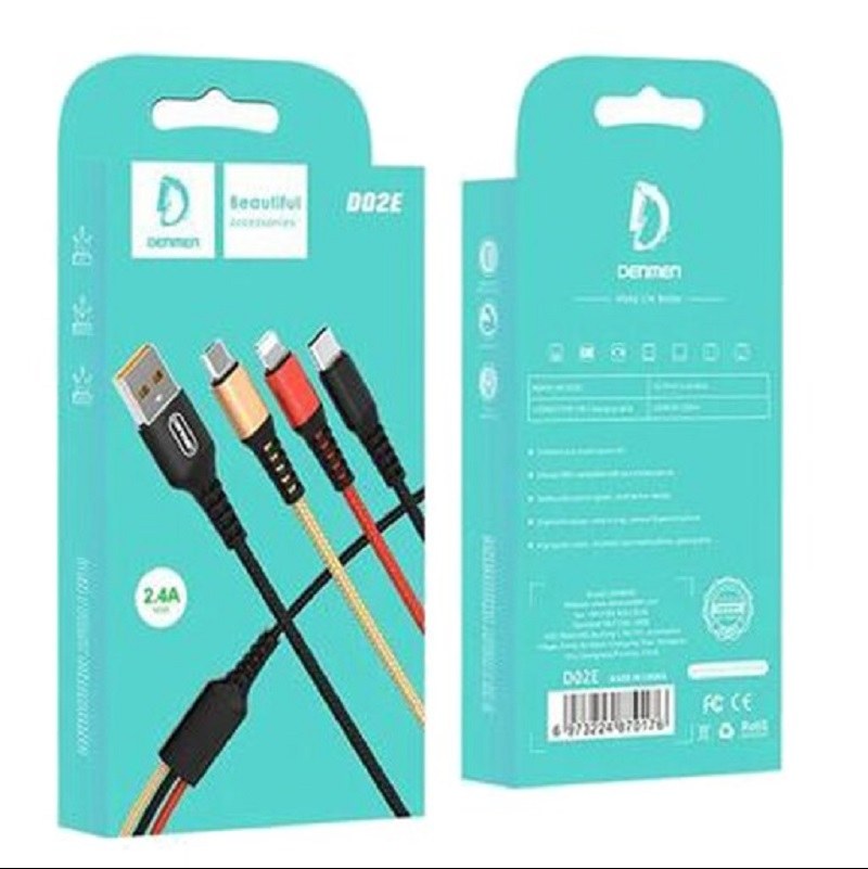کابل شارژ سه سر دنمن مدل D02E(کابل شارژ لایتنینگ- microUSB- Type-C)