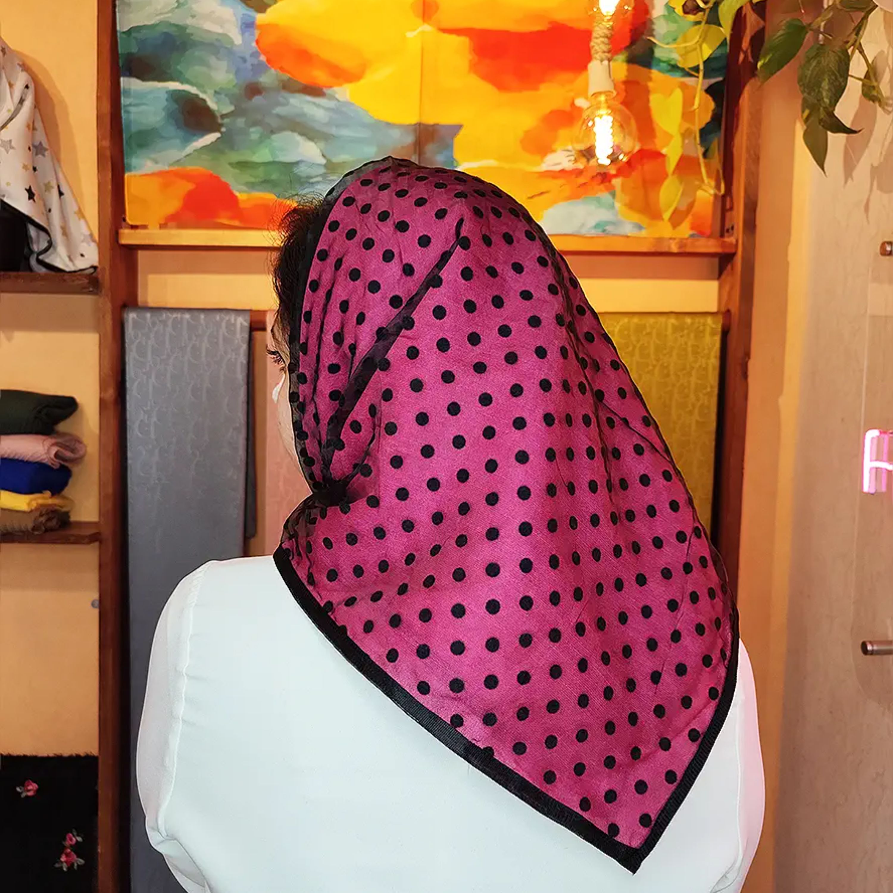 مینی اسکارف توپی حریر کریستال گان دوزی شده صورتی کد 2833