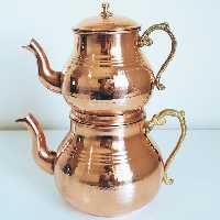 ست کتری و قوری مسی چکشی نانو شده متوسط دسته برنجی مدل عالیس مس زنجان