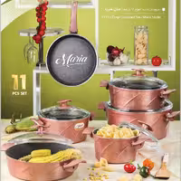 سرویس  قابلمه چدن گرانیتی  11 پارچه PMTمدل ماریا رزگلد با دسته های باکالیت نسوز ساخت ترکیه و درب تمام پیرکس