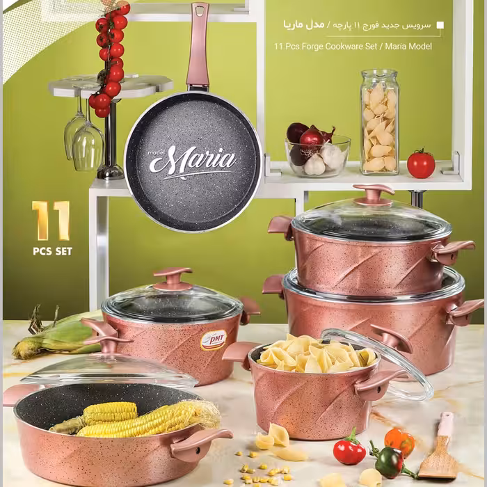 سرویس  قابلمه چدن گرانیتی  11 پارچه PMTمدل ماریا رزگلد با دسته های باکالیت نسوز ساخت ترکیه و درب تمام پیرکس