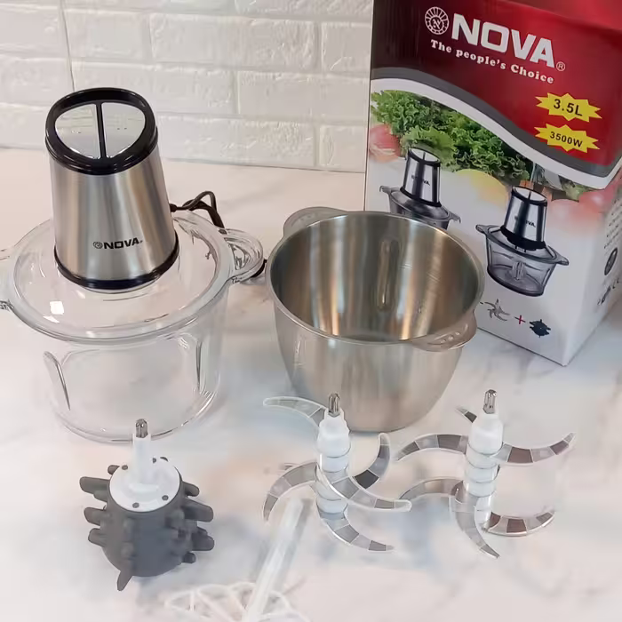 خردکن دوقلو نوا دارای 2 تیغه 6تایی  و 2 کاسه شیشه و استیل و سیر پوست کن ( غذاساز  سیلور کرست بوش 