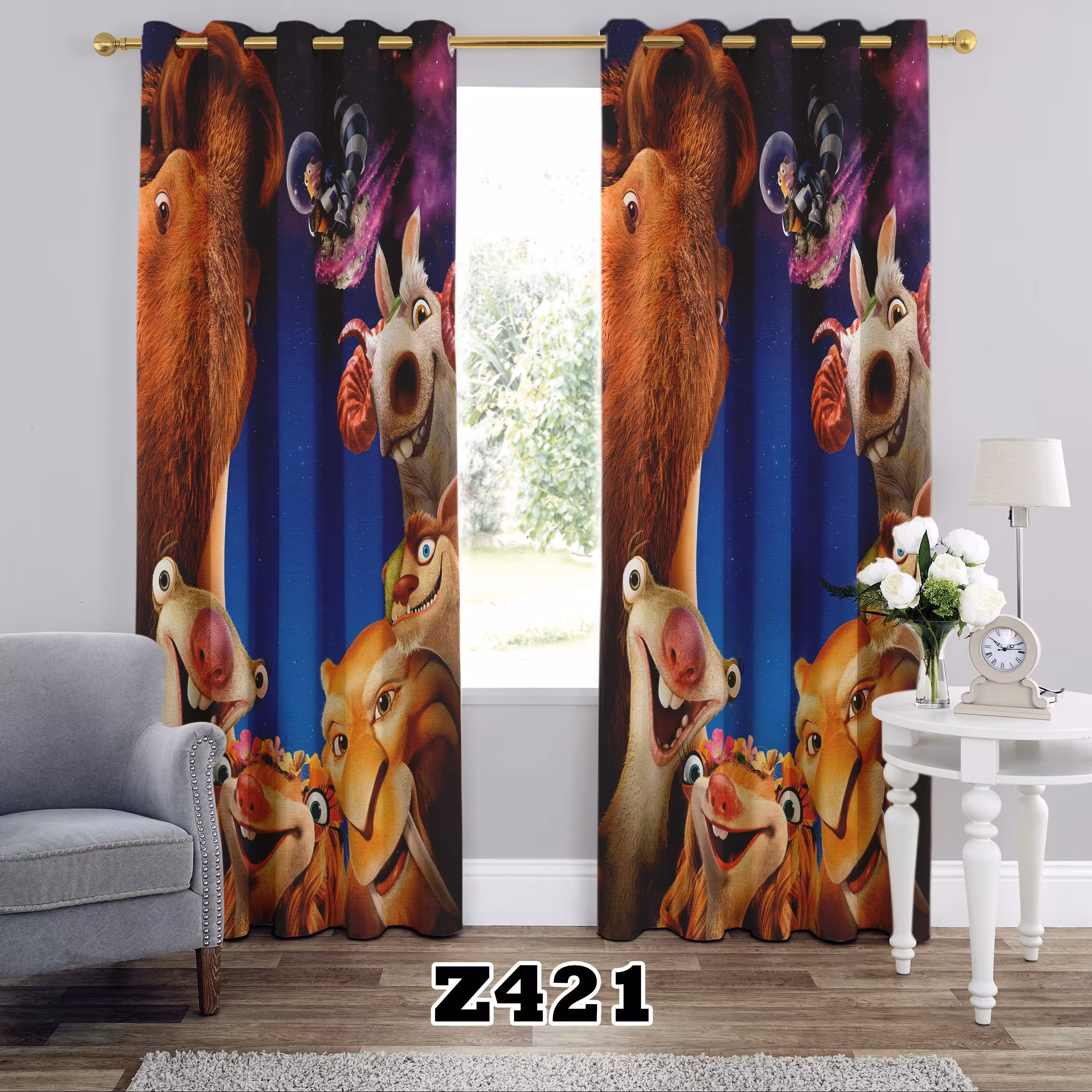 پرده چاپی طرح کارتونی عصر یخبندان  کد Z421 تک قواره ارتفاع 300 عرض 140 سانت