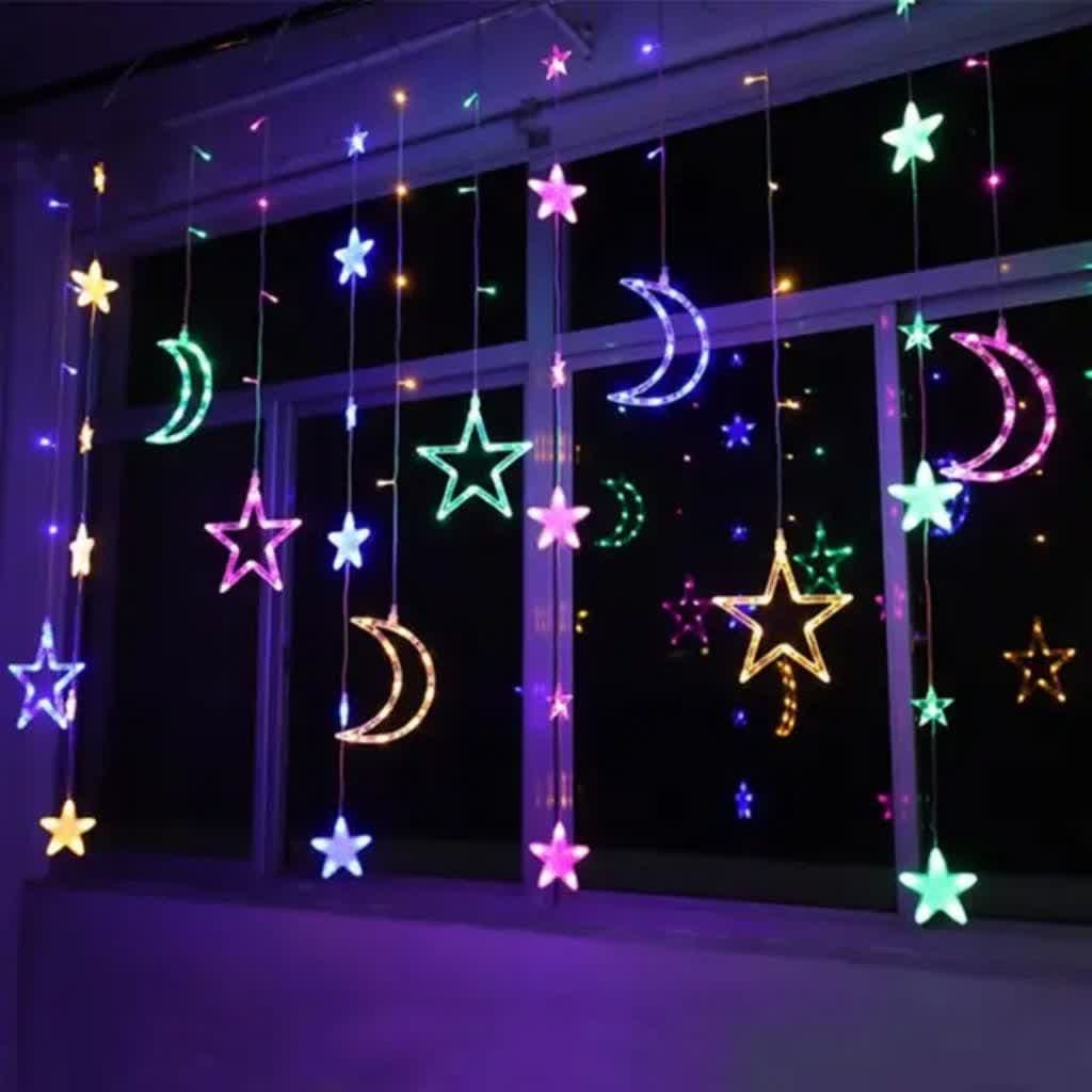 ریسه ماه و ستاره نامنظم چند رنگ دارا  کنترل از راه دور تزئینی LED پرده نورپردازی