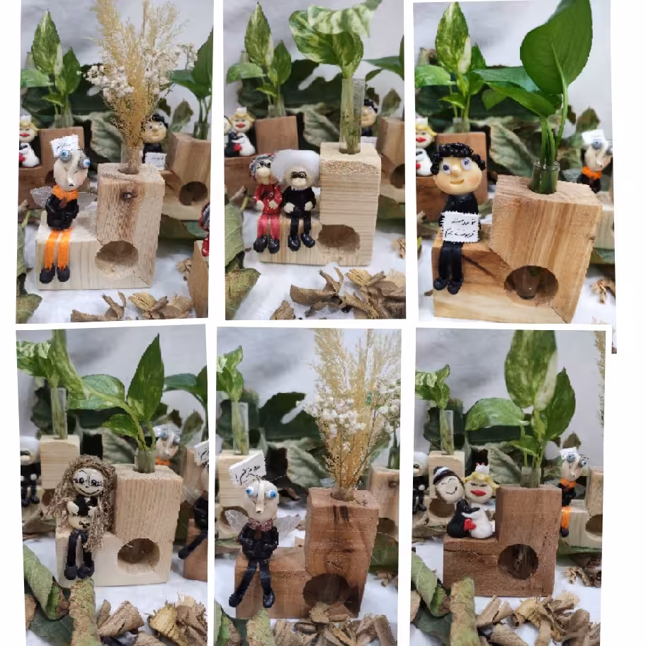 استندچوبی گل وشیشه به همراه عروسک خمیری 