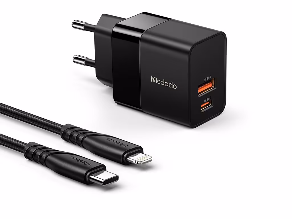 شارژر دیواری 2 پورت 20 وات به‌همراه کابل تایپ‌سی به لایتنینگ مک‌دودو MCDODO CH-1952 Hydrogen Series 20W Charger   Type-C to Lightning Cable