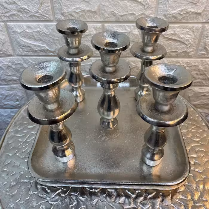 شمعدان رومیزی پنج شعله 2رنگ طلایی و نقره مات آلومینیوم بسیار شیک