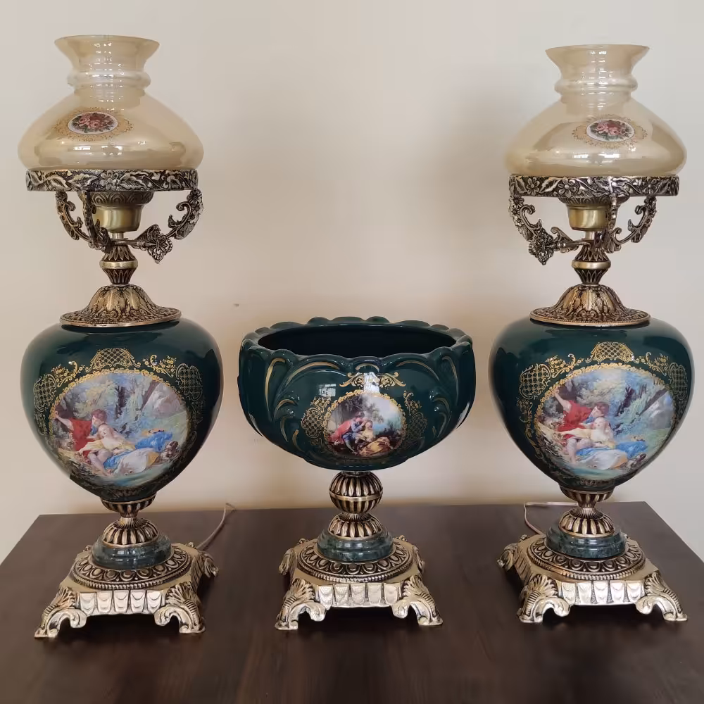 ست کشکول و شمعدان برنزی و چینی لامپا سبز کد 1890 (کشکول و شمعدان برنجی)