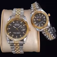 ست ساعت رولکس بند استیل دورنگ صفحه مشکی 
