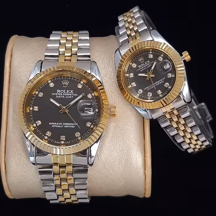 ست ساعت رولکس بند استیل دورنگ صفحه مشکی 