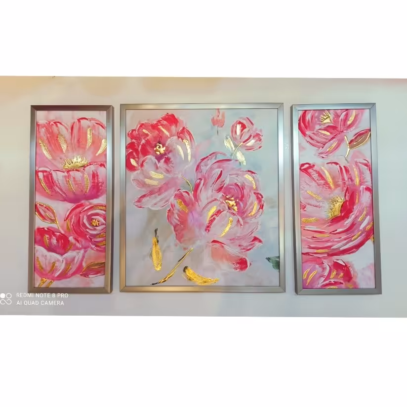 تابلو دکوراتیو؛کد10؛سه تیکه ؛برجسته کارشده باورق طلا وورق نقره؛نقاشی شده روی زمینه چاپی