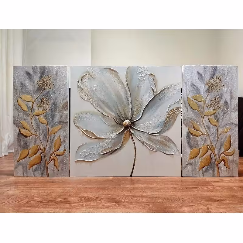 تابلو نقاشی گل برجسته و برگ ورقطلا در ابعاد 130در 70