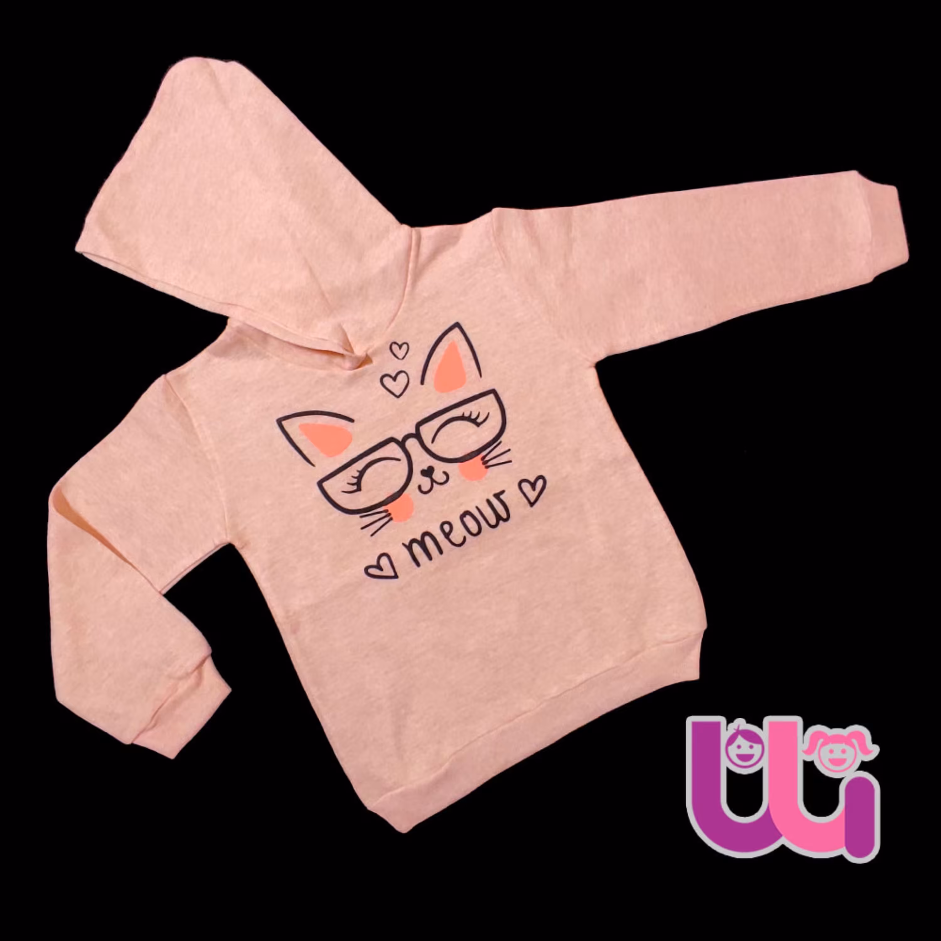 هودی تک دخترانه با طرح چاپی گربه عینکی پارچه تو کرک سایز 45 و 50 