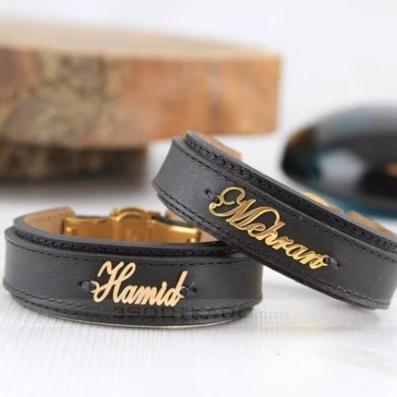 دستبند چرم با پلاک اسم نقره و نقره آبکاری طلا  