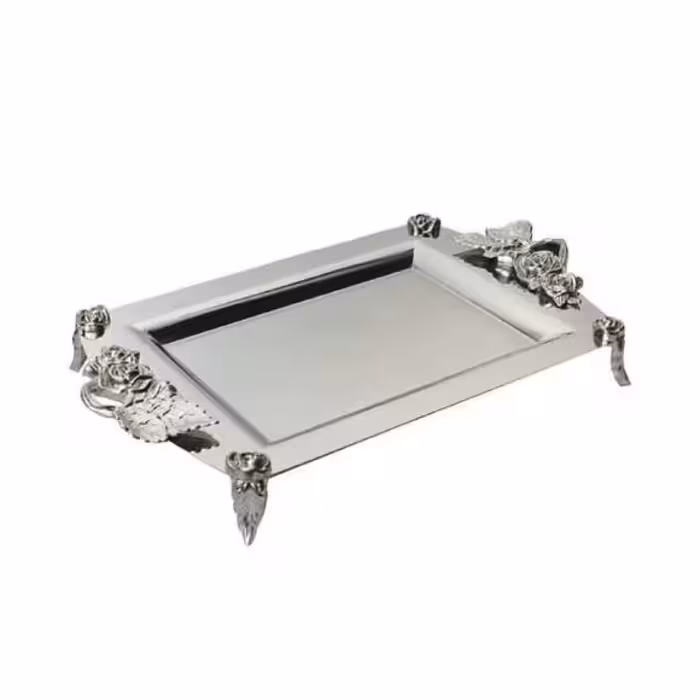 سینی استیل نگار مدل رز   دسته نقره ای رنگ مستطیل شکل  کد 300