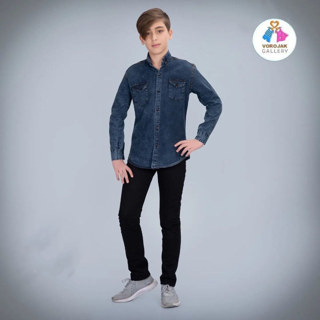 پیراهن پسرانه جین ذغالی - تک رنگ - سایز بندی 1 الی 5 سال -  پارچه  جین درجه یک