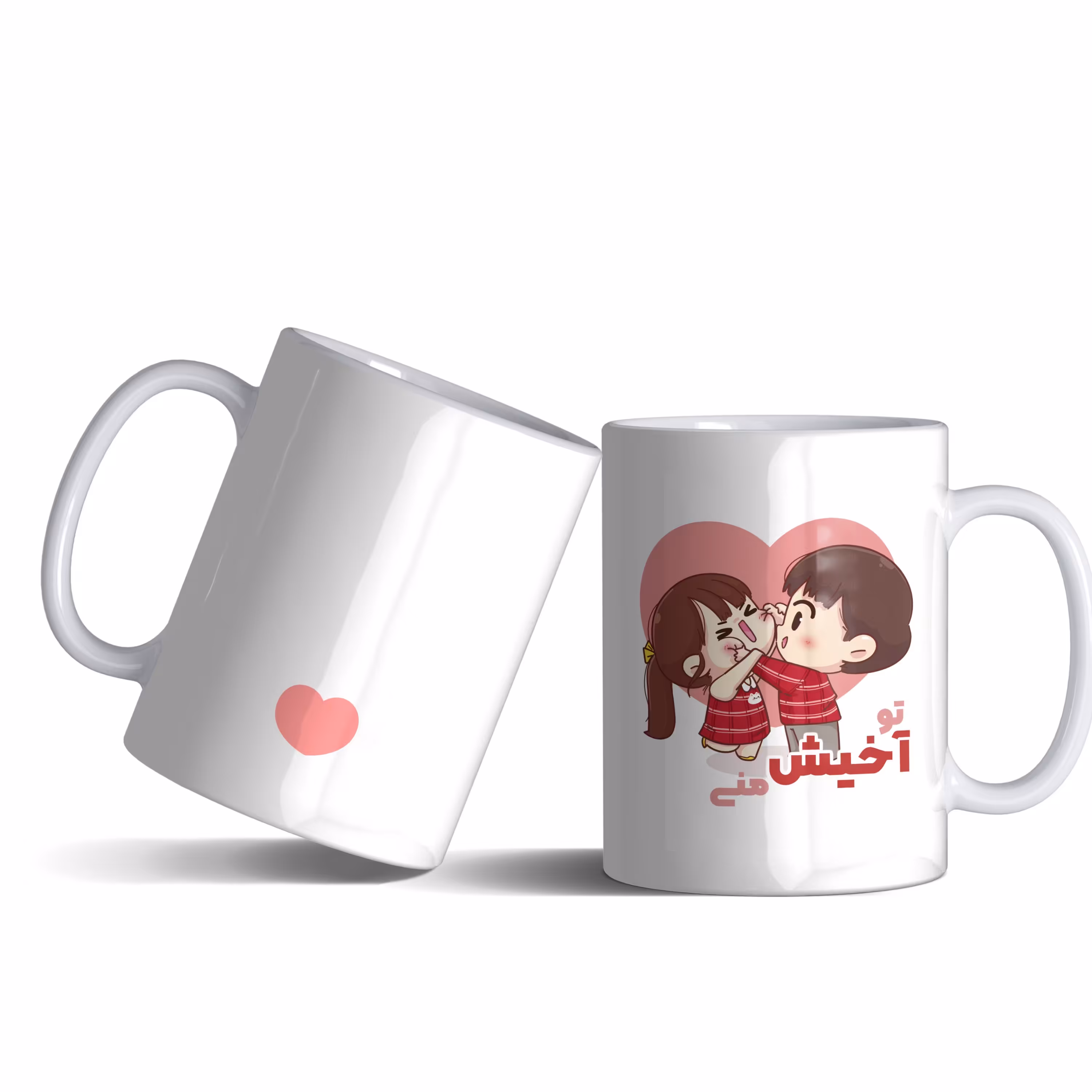 لیوان (ماگ) عاشقانه با طرح پسرک در حال کشیدن لپ های دخترک با متن تو آخیش منی