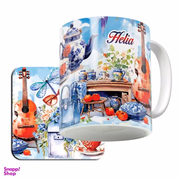 ماگ لاژید مدل اسم هلیا طرح نقاشی آبرنگ به همراه زیر لیوانی