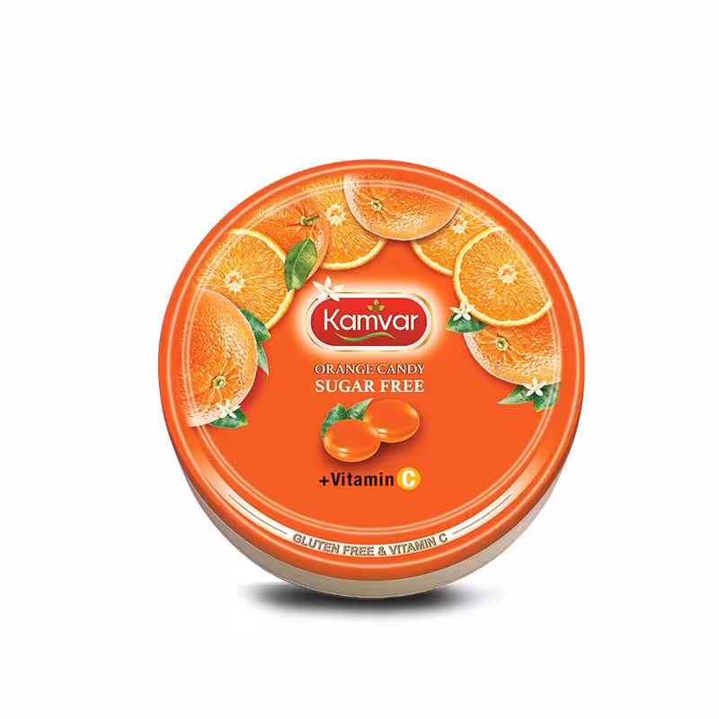 آبنبات رویال پرتقال بدون قند و رژیمی 156 گرمی کامور