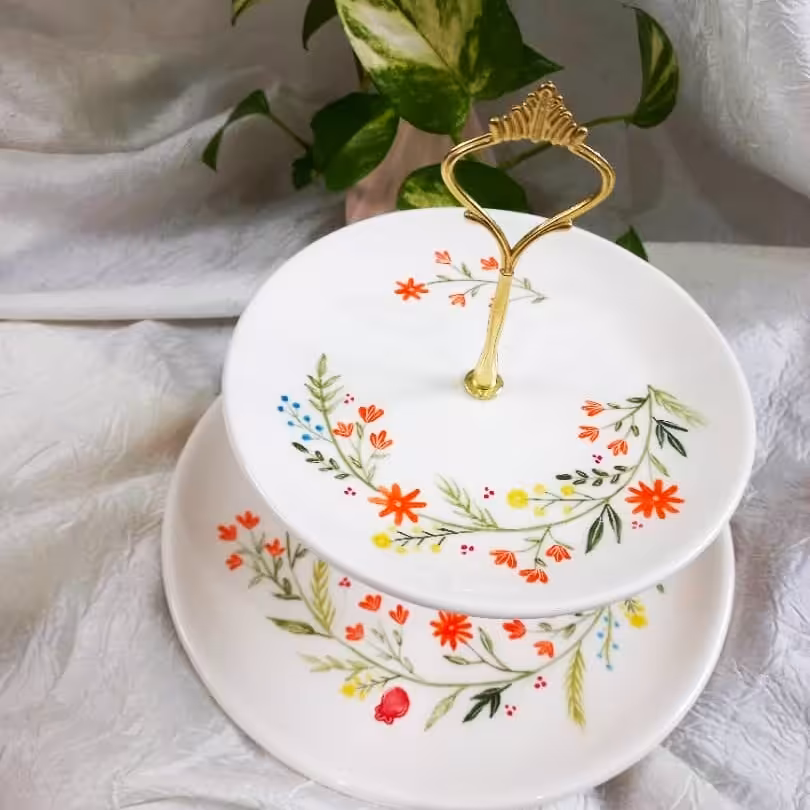 شیرینی خوری سرامیکی دو طبقه طرح بهار نقاشی زیر لعابی قابل شستشو ( فروش عمده)