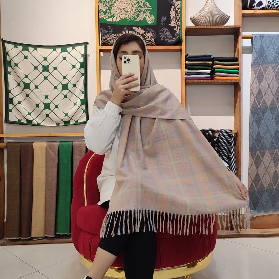 شال موهر خارجی چهارخونه گلبهی کد 2289