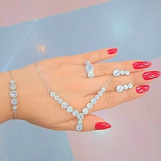 سرویس نقره زنانه نگین درشت عیار 925با آبکاری طلا سفید بدون ریزش نگین ضد حساسیت