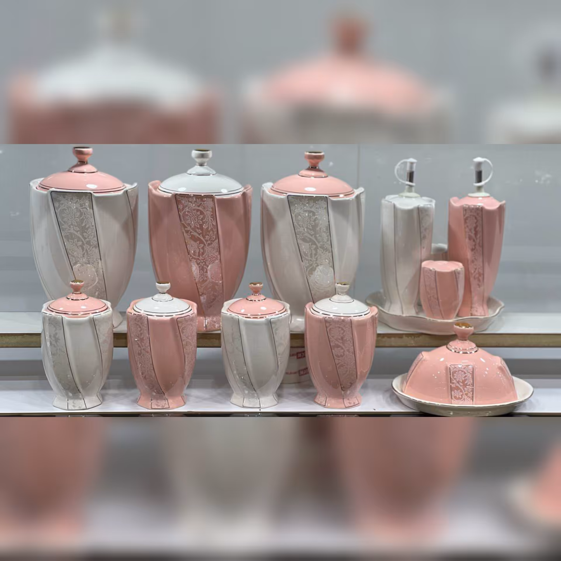 ست پاسماوری 14 پارچه مدل استیج گلدار رنگ سفید صورتی 