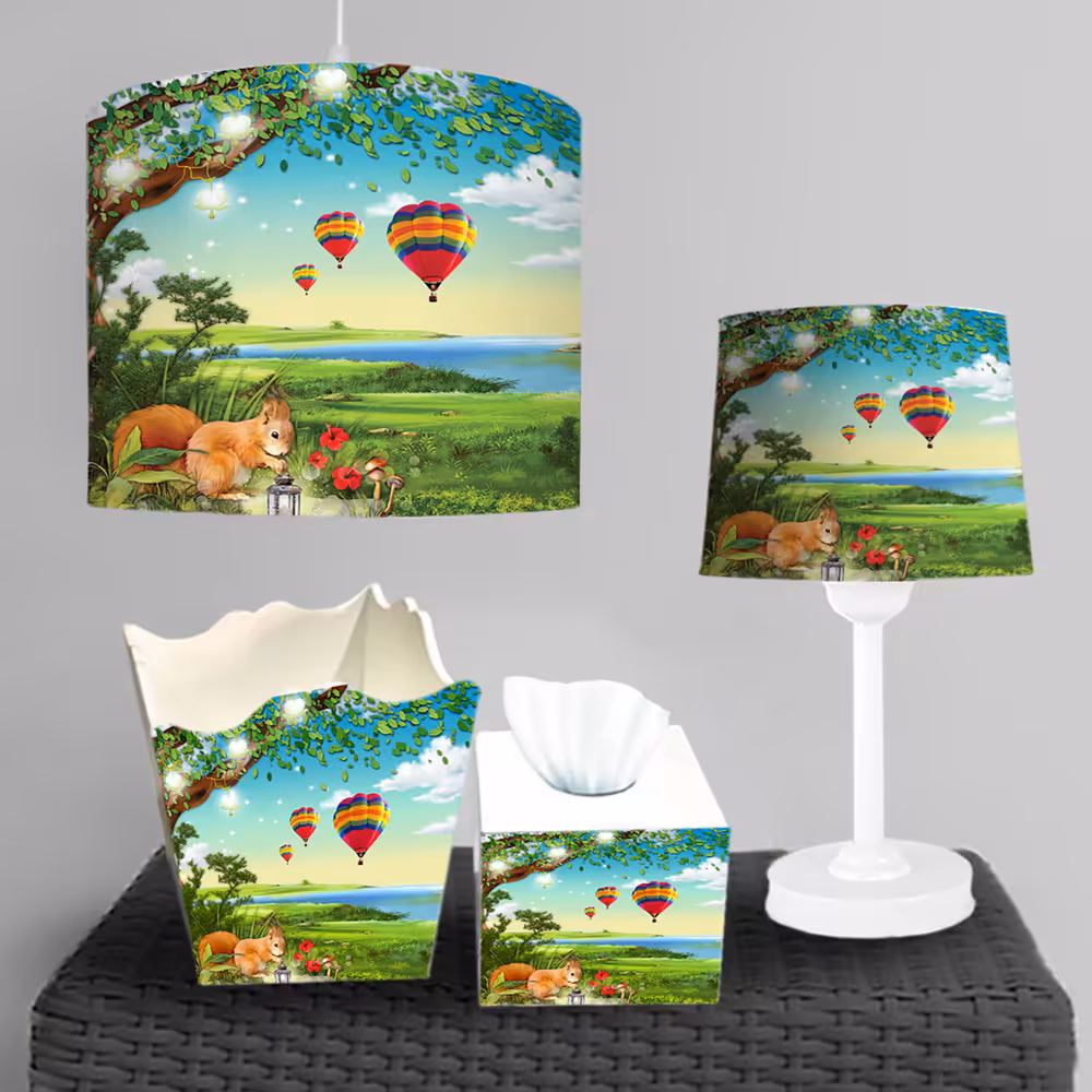 ست چراغ خواب و آباژور و ساعت طرح بالن و سنجاب با زمینه طبیعت BA-5313