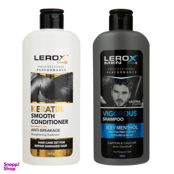 شامپو ضد شوره مو لروکس (Lerox) مدل ویگوروس حجم 300 میلی لیتر به همراه نرم کننده مو لروکس مدل کراتین حجم 300 میلی لیتر