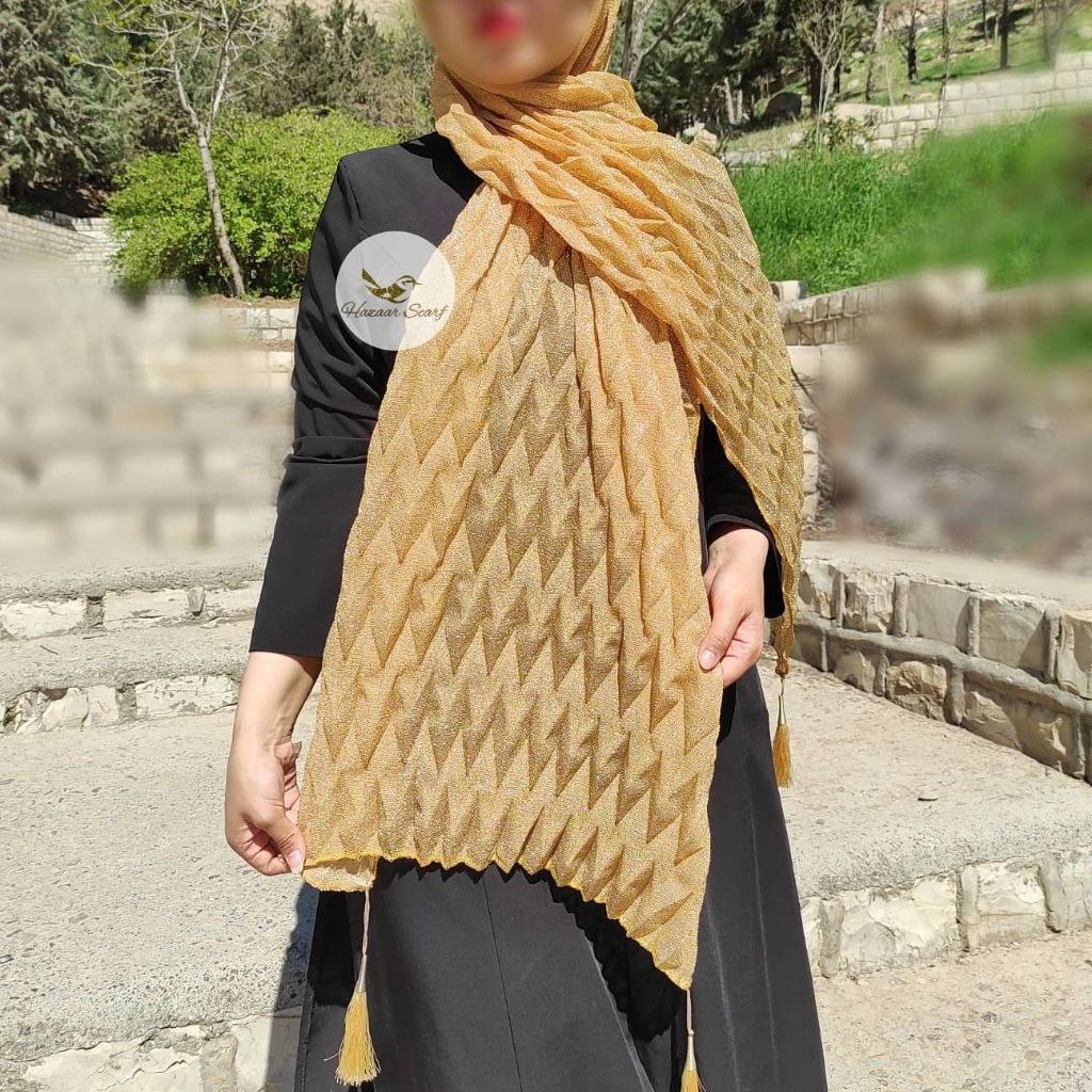 شال پلیسه لمه طلایی هرچهار گوشه منگوله دار نخی مجلسی و بیرونی