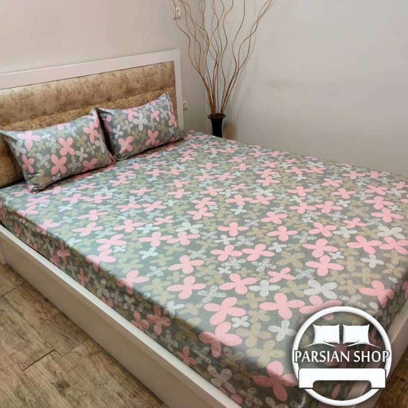 نیم ست ملحفه کشدار خوشخواب   رو تختی ارزان دونفره طرح دار طوسی صورتی 3 تکه نخی