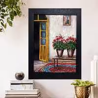  نقاشی رنگ روغن روی تخته سه لا .خانه قدیمی .گلدان روی میز اندازه 30در 40