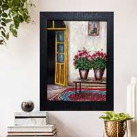  نقاشی رنگ روغن روی تخته سه لا خانه قدیمی گلدان روی میز اندازه 30در 40