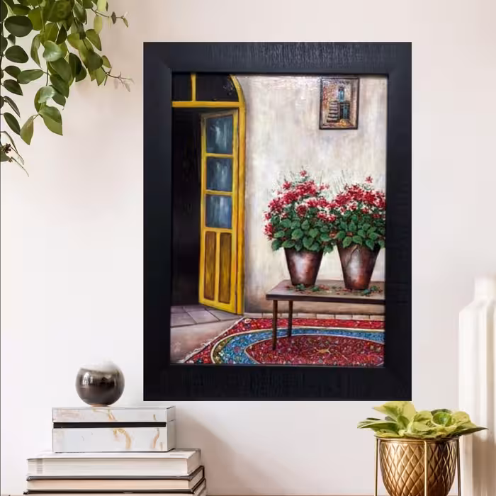  نقاشی رنگ روغن روی تخته سه لا .خانه قدیمی .گلدان روی میز اندازه 30در 40