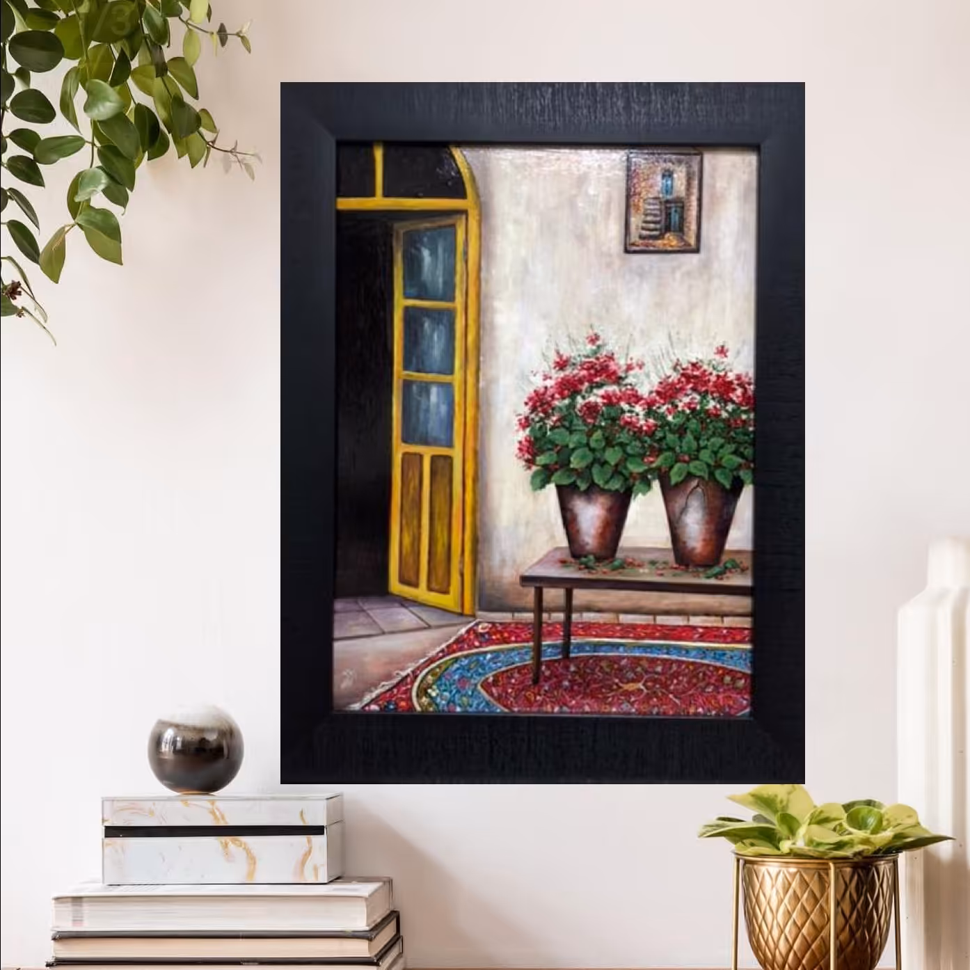  نقاشی رنگ روغن روی تخته سه لا .خانه قدیمی .گلدان روی میز اندازه 30در 40