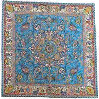 رومیزی مربع ترمه ابریشم کد TRM160 نفیس رنگ فیروزه ای آستر آبی مغزی دوزی