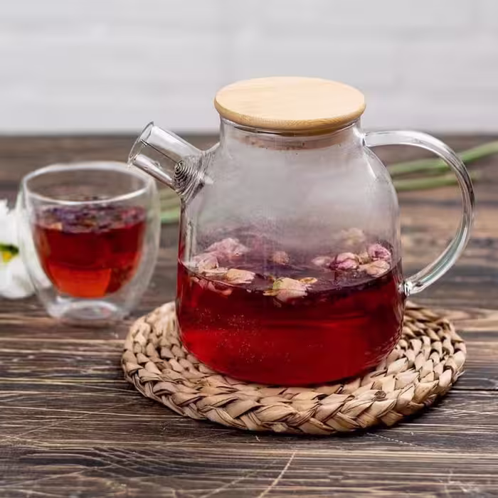 قوری های پیرکس شعله مستقیم، دارای توری تفاله گیر، درب بامبو، محکم و باکیفیت، سایز 1.5 لیتر