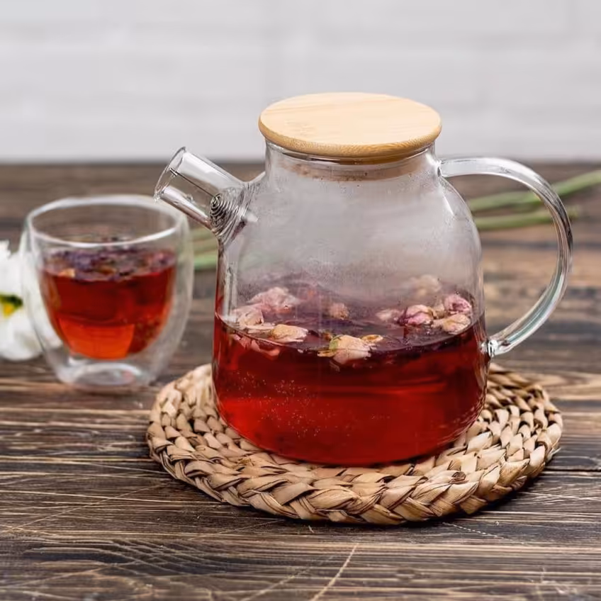 قوری های پیرکس شعله مستقیم، دارای توری تفاله گیر، درب بامبو، محکم و باکیفیت، سایز 1.5 لیتر