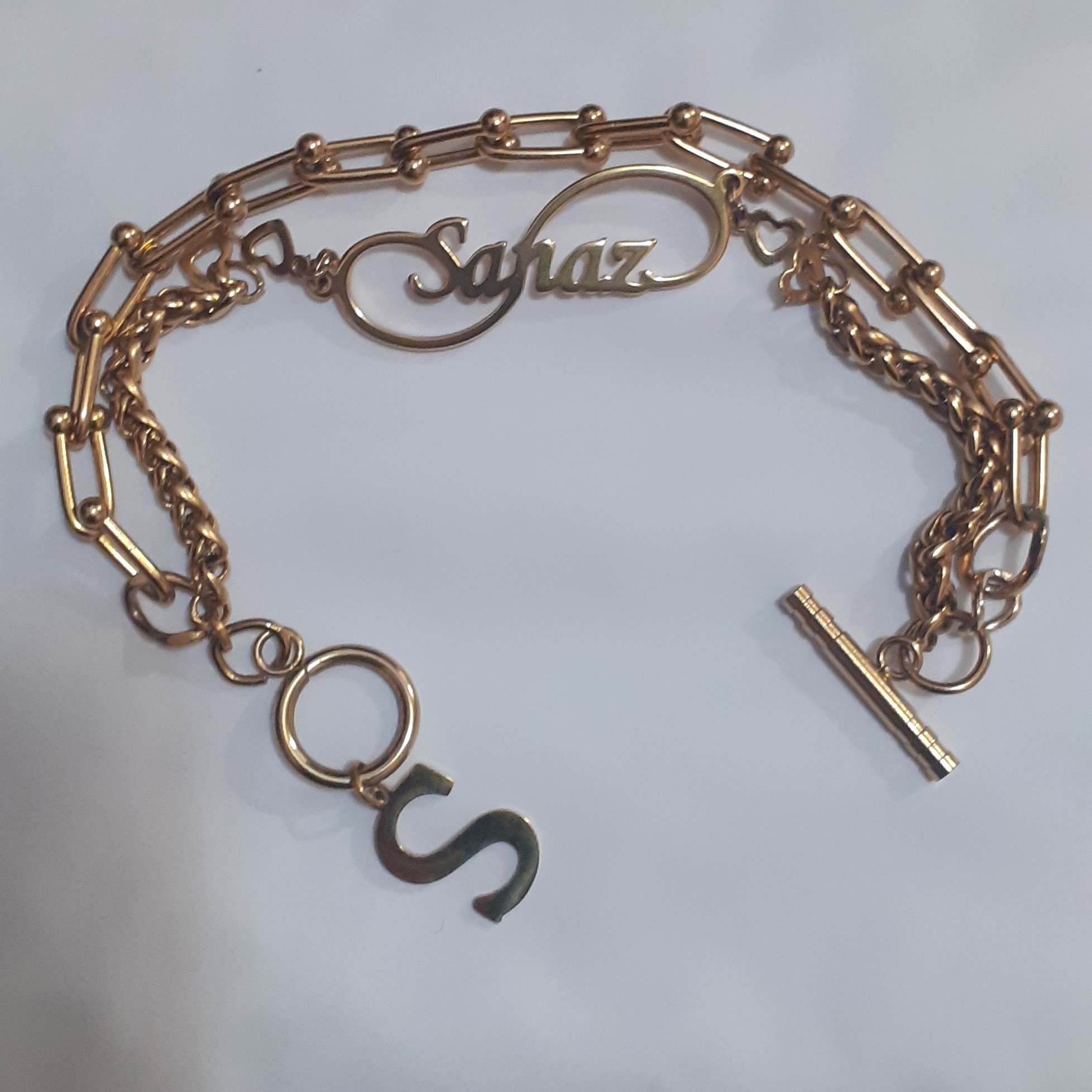 دستبند دو ردیفه تمام استیل با پلاک اسم استیل  ساناز و قفل استیل تی و اویز حرف S کد 4545