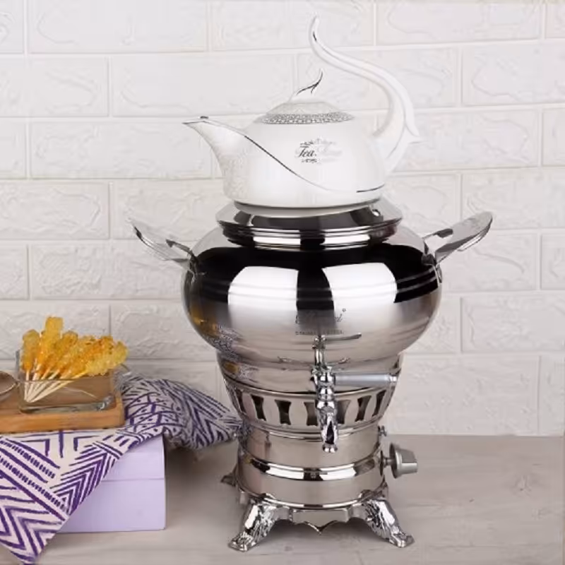 سماور 3 کاره مدل ساحر استیل طلایی کروپ ست 