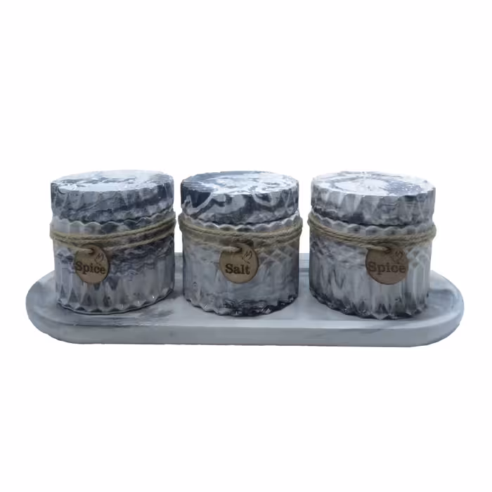 بانکه جا ادویه نقش برجسته  سه تایی همراه سینی رنگ طوسی رگه دار کد 01