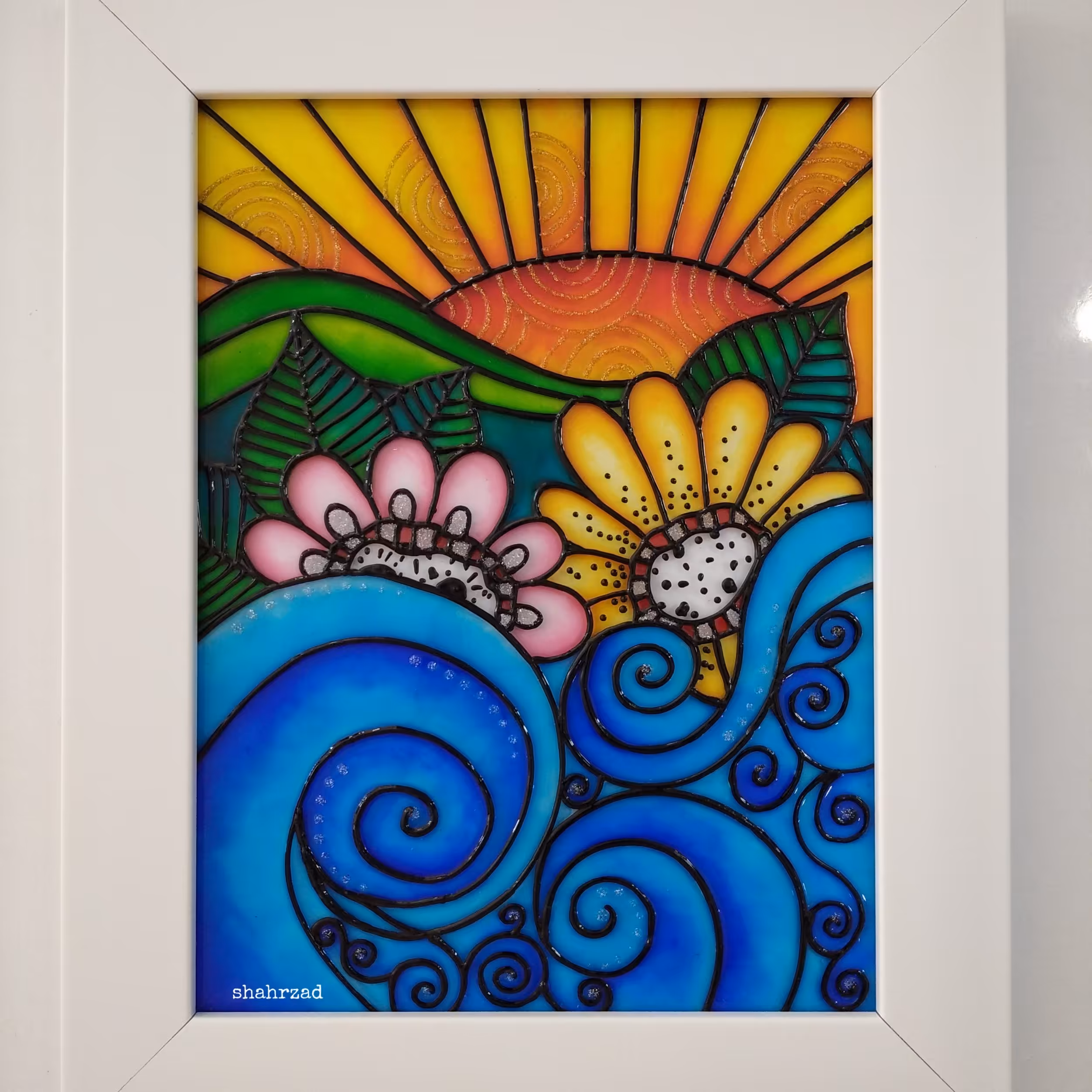 تابلو ویترای طرح فانتزی گل و دریا