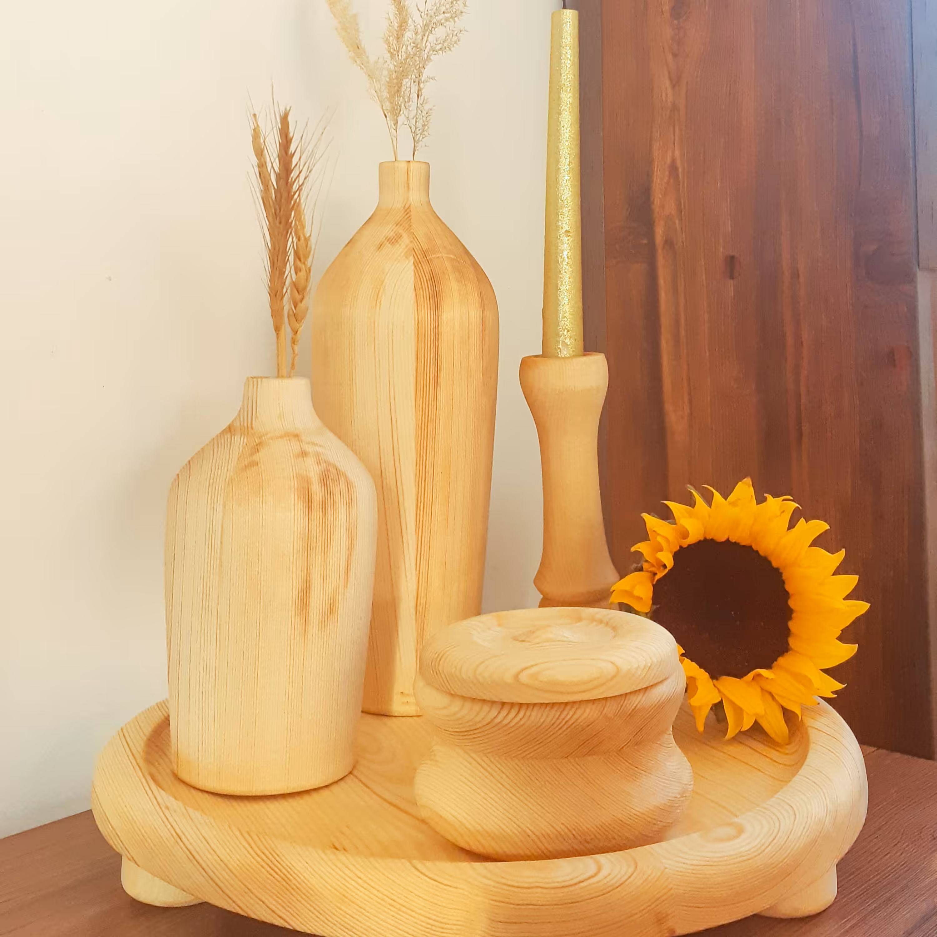 ست دکوراتیو شمعدان و گلدان چوبی