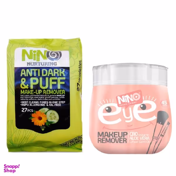 دستمال مرطوب پاک کننده آرایش نینو(Nino)مدل Anti Dark & Puff بسته27 عددی+دستمال مرطوب پاک کننده آرایش مدل Eyeبسته 45 عددی