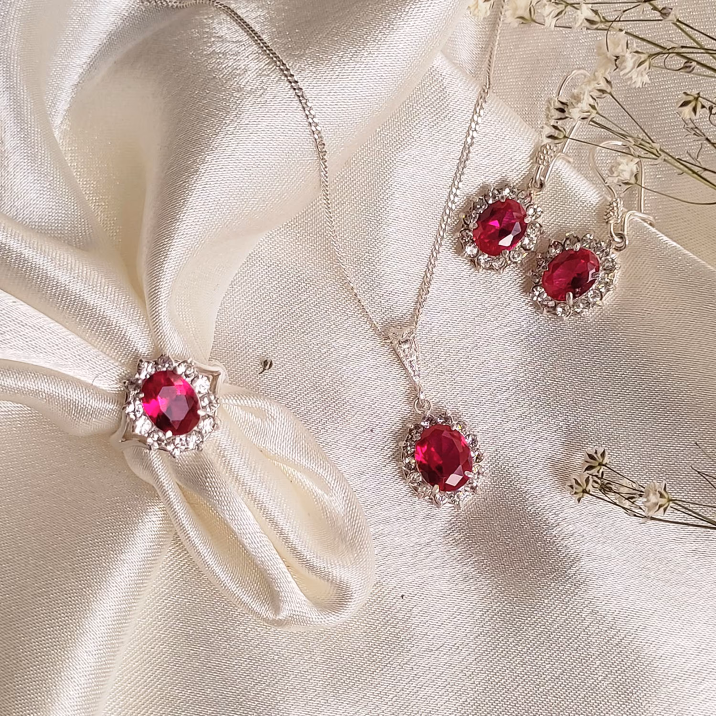 نیم ست نقره زنانه یاقوت سرخ طرح گل