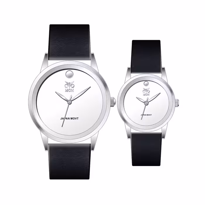 ست ساعت مچی عقربه ای زنانه و مردانه ام جی ام مدل 1001 رنگ استیل صفحه سفید