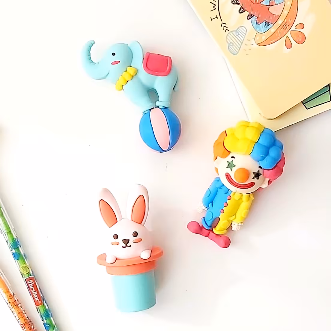 پاکن فانتزی سایز بزرگ طرح سیرک بسته 3عددی مارک qihao طول 10 سانت 