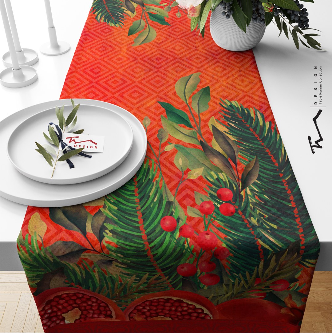 رانر طرح انار و برگ های زمستونی  - 40 در 135  - جنس دو رو مخمل پورش - کیفیت عالی